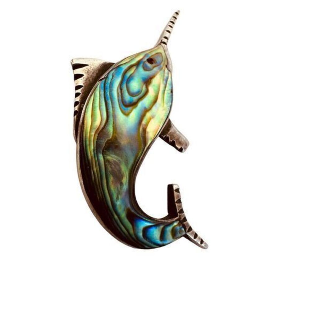 Unique Vintage Abalone and Sterling Silver Narwhal 2" Pin Multi